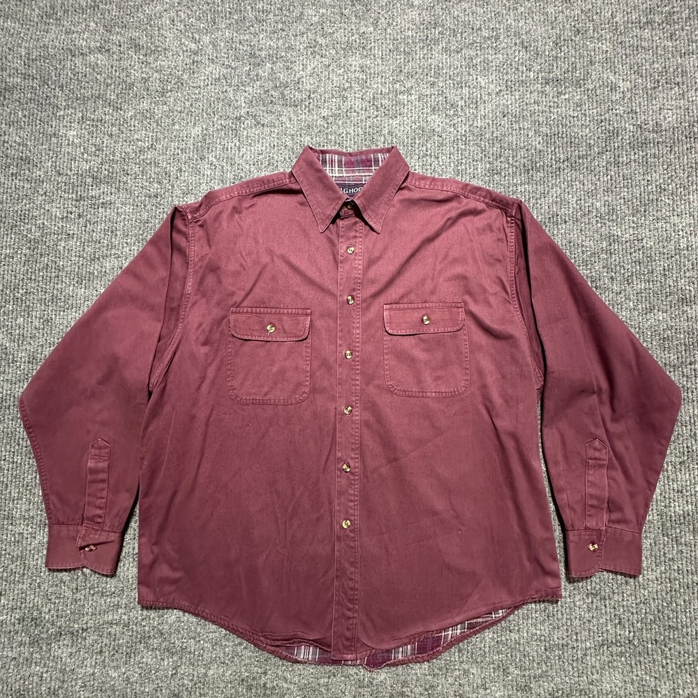 J.G. Hook Mens Button Up Shirt Size XXL Maroon Plaid Lined Cotton Long Sleeve